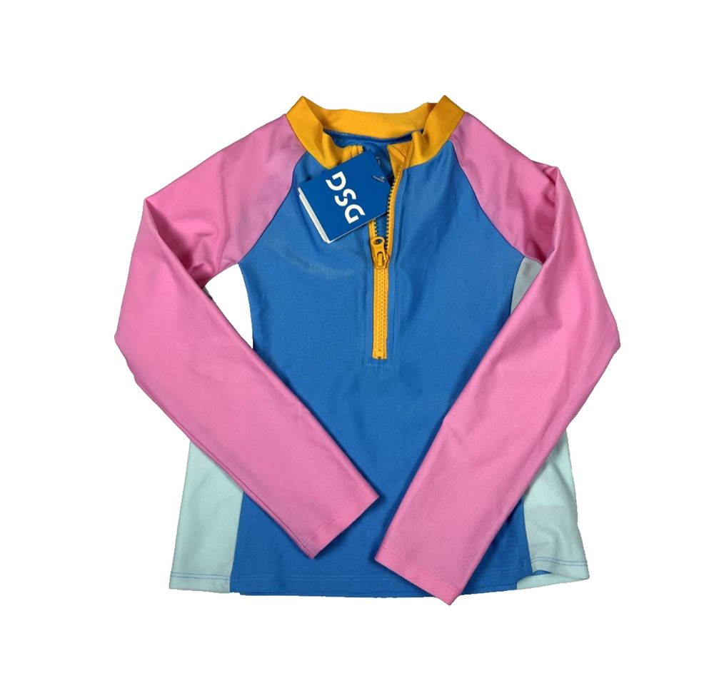 DSG GIRLS LONG SLEEVE RASH GUARD TOP BLUE PINK 1/2 ZIP SIZE XS NWT $25